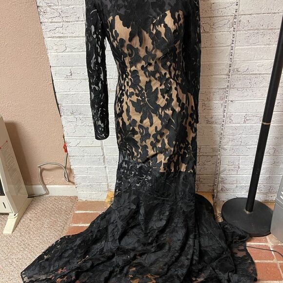 MILANO Black Lace Full Length Cocktail Formal Dress  8 #E1883 - Picture 3 of 15